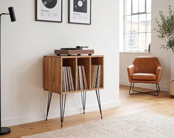 Platenspelerstandaard, opbergkast voor vinylplaten, moderne platenspeler uit het midden van de eeuw, houten LP-organizer, audiofiele consoletafel