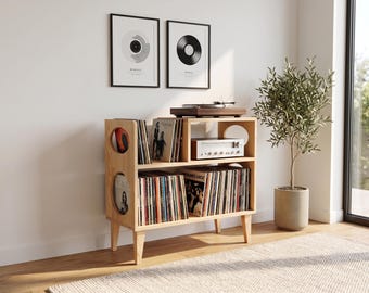 Armário para guardar discos de vinil, console para toca-discos, gabinete para toca-discos, suporte para discos de vinil estilo meados do século XX, organizador de LPs em madeira maciça, móvel para equipamentos de áudio
