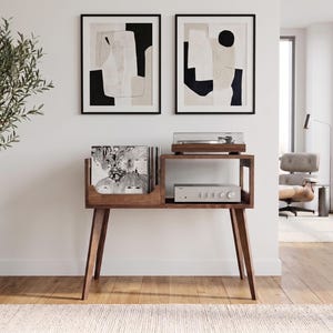 Soporte para tocadiscos, mueble para guardar discos de vinilo, soporte para tocadiscos, consola multimedia de estilo moderno de mediados de siglo, soporte para discos LP de roble macizo y nogal.
