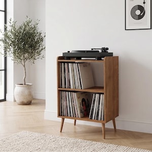 Low Profile Turntable Cabinet with Two Tier LP Storage, Solid Wood Vinyl Listening Station, Retro Modern Record Shelf