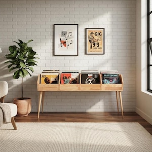 Meuble de rangement pour disques vinyles en bois, vitrine pour albums LP, meuble multimédia style milieu du siècle pour pochettes de vinyles, table d'appoint pour vinyles, support pour disques