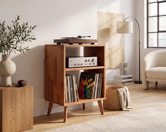 Record Player Stand, Vinyl Record Storage Cabinet, Mid Century Modern Turntable Stand, Solid Wood LP Record Console, Audiophile Furniture