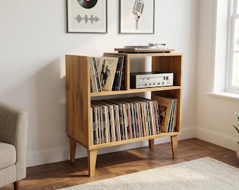 Supporto per giradischi in legno massello con vano porta dischi, mobile per dischi in stile metà secolo, console audio compatta per piccoli spazi, mobile artigianale.