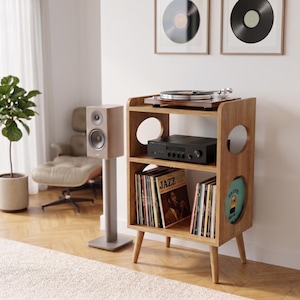 Record Player Stand, Vinyl Record Storage Cabinet, Mid Century Modern Turntable Console, Solid Wood LP Organizer, MCM Audio Furniture