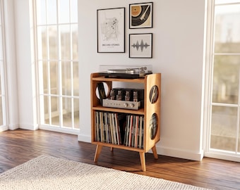 Vinyl Record Storage Cabinet, Record Player Console, Mid Century Modern Turntable Stand, Solid Wood LP Record Organizer