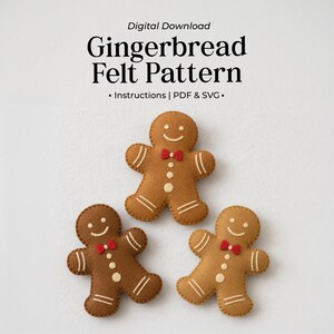 May include: Digital Download Gingerbread Felt Pattern. Instructions | PDF & SVG. Three gingerbread figures made of brown felt in varying shades, each featuring a red bow tie, white stitched details on limbs, and three white circular buttons.