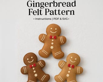 May include: Digital Download Gingerbread Felt Pattern. Instructions | PDF & SVG. Three gingerbread figures made of brown felt in varying shades, each featuring a red bow tie, white stitched details on limbs, and three white circular buttons.