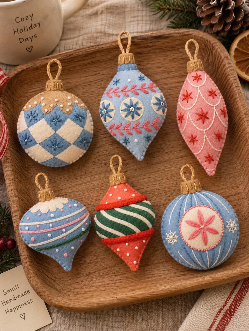 May include: Six felt Christmas ornaments with intricate embroidery and hanging loops. The collection includes round and teardrop shapes in blue, white, pink, green, and red, featuring patterns like diamonds, stripes, and floral star motifs.