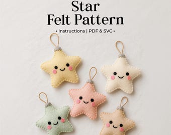 May include: Digital download Star Felt Pattern with instructions, PDF, and SVG. Five plush star ornaments in pastel yellow, cream, light pink, mint green, and peach. Each star features a smiling face with black eyes and pink cheeks, topped with a loop.