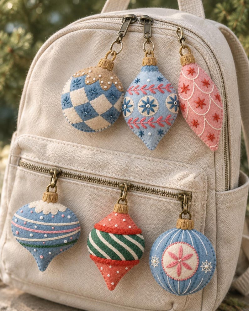 May include: A beige canvas backpack adorned with six felt ornaments attached to the zippers. The ornaments feature various shapes and embroidered patterns in blue, white, pink, red, and green, each finished with a small gold-toned metal cap and clasp.