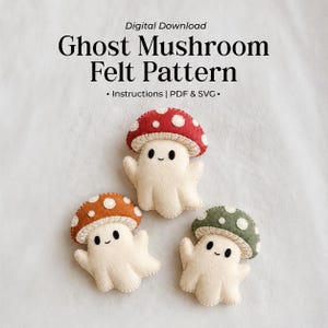 May include: Digital download Ghost Mushroom Felt Pattern with instructions, PDF, and SVG. Three felt ghost mushroom ornaments in red, orange, and green with white spots, black eyes, and small smiles arranged on a light background.