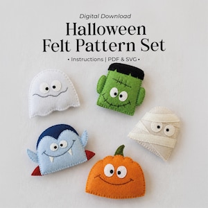 Op de afbeelding: Digitale download Halloween viltpatronenset instructies | PDF & SVG. Vijf vilten figuren waaronder een wit spook, een groen Frankenstein-monster, een lichtblauwe vampier, een beige mummie en een oranje pompoen, allemaal met gestikte gezichtsdetails.