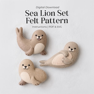 May include: Digital download Sea Lion Set Felt Pattern Instructions | PDF & SVG. Three beige and cream felt sea lion figures with black bead eyes and stitched mouths are displayed. The figures show different poses including sitting and lying down.