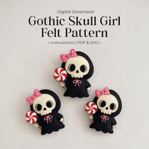 May include: Digital download for a Gothic Skull Girl Felt Pattern including instructions, PDF, and SVG. The image displays three identical felt figures of a skull-faced character in a black hooded cloak, pink polka-dot bow, and red-white lollipop.