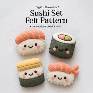 Op de afbeelding: Digitale download van een viltpatroon voor een sushiset met instructies, PDF en SVG. De afbeelding toont vier vilten sushistukjes, elk met een witte basis, een lachend gezicht met roze wangen en diverse toppings in oranje, geel en groen.