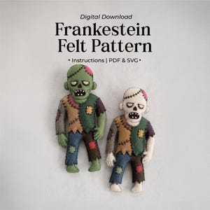 May include: Digital download Frankenstein felt pattern with instructions, PDF, and SVG. Two felt dolls are shown: one green-skinned and one white-skinned, both featuring stitched patchwork clothing in blue, brown, and purple with visible seams.