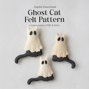 Felt Ornament Pattern, Ghost Cat Template, Beginner Folk Art Craft, Halloween Decor, PDF Download
