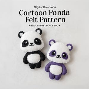 May include: Digital download Cartoon Panda Felt Pattern with instructions, PDF, and SVG. Two felt panda plushies are shown: one in black and white, and one in purple and white, both featuring stitched details, round ears, and small faces.