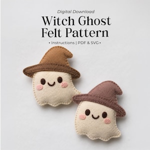 May include: Digital Download Witch Ghost Felt Pattern Instructions | PDF & SVG. Two felt ghost ornaments, each wearing a pointed hat in brown or mauve, featuring embroidered black eyes, a curved mouth, and pink circular cheeks on cream felt.