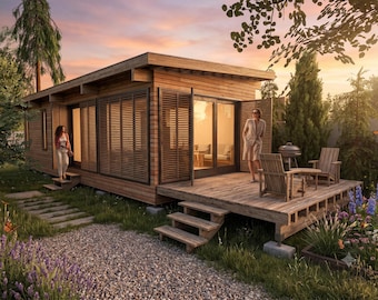 40m2 Tiny House Conceptual Design - Modern Wooden Cabin Architectural Layout Plans - Prefab Style Starter Home, DIY Layout PDF