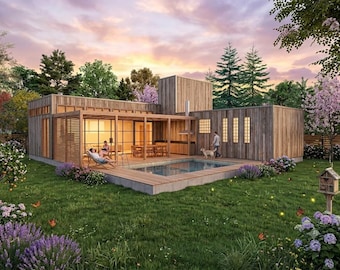 Budget-Friendly House Blueprints & Manual | 132m2 L-Shaped Design | Spanish PDF Only | Metric System | Concrete and Wood Finish Options