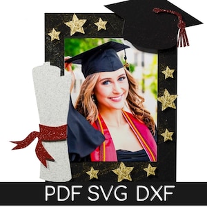May include: A digital graduation photo frame design featuring a black border with gold glitter stars, a black graduation cap topper, and a white diploma with a red ribbon. The center displays a photo of a graduate in a cap and gown. Text reads PDF SVG DXF.