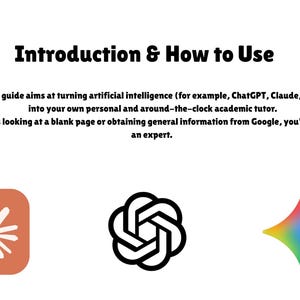 Peut inclure: Un document intitulé Introduction & How to Use avec un texte expliquant comment utiliser l'intelligence artificielle comme tuteur académique. Sous le texte se trouvent trois icônes : une étoile blanche sur fond terracotta, le logo ChatGPT et une étoile.