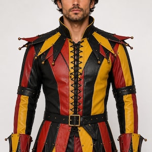 Handmade Medieval Jester Costume | Black Red Yellow Leather Jester Suit | Renaissance Jester Set | LARP Harlequin Costume | Halloween Jester