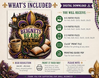 Beignets Perlen und schlechte Entscheidungen druckbare Kunst | Karneval Dekor | New Orleans Kunst | Louisiana Küche Dekor | Digitaler Download
