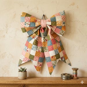 May include: A large decorative bow constructed from a patchwork of quilted fabric squares. The fabric features a variety of floral and geometric patterns in muted shades of pink, sage green, mustard yellow, and dusty blue, with stitched details.