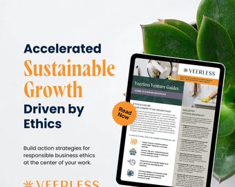 May include: A digital tablet displays a Veerless Venture Guide for home cleaning services. The text reads Accelerated Sustainable Growth Driven by Ethics. An orange circular badge says Read Now. The Veerless logo is at the bottom left.