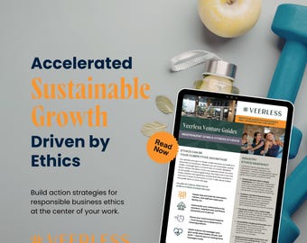 May include: A tablet displaying a Veerless Venture Guide for independent gyms, positioned next to a blue dumbbell, a glass water bottle, and a yellow apple. Text on the screen includes "Veerless Venture Guides" and "Ethics Can Be Your Competitive Advantage."