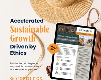 May include: A straw hat, a brown garment, and a tablet displaying a document titled Accelerated Sustainable Growth Driven by Ethics. The tablet screen features the Veerless logo, text about retail ethics, and a circular orange Read Now badge.