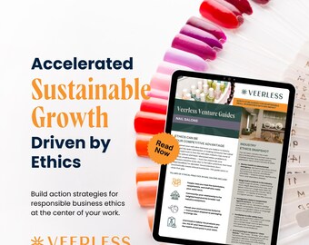 May include: A tablet displaying a Veerless Venture Guide for nail salons, positioned next to a fan of colorful nail polish swatches. The screen features text about ethical business practices and a circular orange Read Now button.