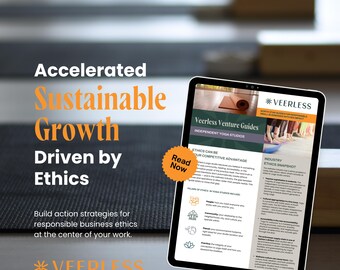 May include: A tablet displaying a digital document titled Veerless Venture Guides for independent yoga studios. The page features text about ethics in business, a section on industry ethics, and a circular orange Read Now button overlay.