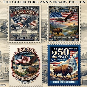 Può includere: Una collezione di quattro francobolli commemorativi intitolata The Collector's Anniversary Edition, con illustrazioni del Campidoglio degli Stati Uniti, la Statua della Libertà, bandiere, aquile calve e bisonti, con il testo USA 250 1776-2026.