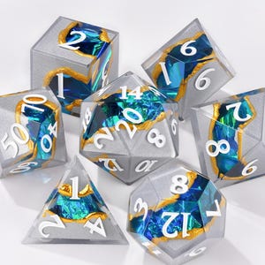 Silver Geode Resin Dice Set Sharp Edge Gold Vein Teal Crystal Polyhedral DND Gift