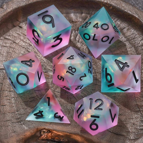 Handmade Pastel Aurora Frosted Resin Dice Set Iridescent Sharp Edge DND RPG Polyhedral Dice