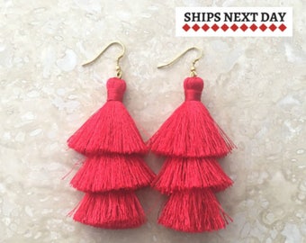 Zara Red Tassel Earrings, Long Tassle Earrings, Long Red Tassel Earrings,Red Earrings,Dangle Earrings, Red Silk Tassels, Friend Gift