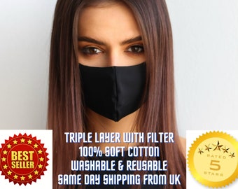 Face Mask Washable Triple Layers with Filter | Adult Face Mask Pack Premium Cotton, Reusable Facemask with Filter, Shipped from UK