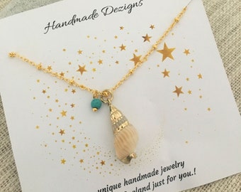 Gold Seashell Necklace Turquoise Gemstone | Dainty Gold Necklace / Minimal Layering Necklace / Ocean  Jewelry | Cowie Shell Jewellery UK