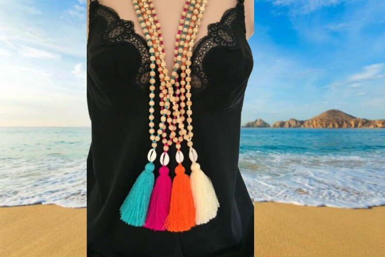 Colorful Long Tassels Gift for Friend Long Beaded Tassel Necklace Boho Necklace Hand Knotted Bohemian Necklace Bohemian Jewelry