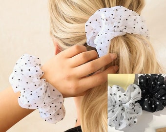 2PK Oversized Polka Dot Organza Scrunchies, Extra Large Sleep Hair Scrunchies UK, XL Hair Ties, Hair Bows, Scrunchie Tails, Anti Frizz Hair