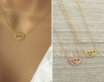 Double Heart Necklace / Dainty Gold Heart Necklace / Minimal Heart Layering Necklace / Two Hearts Necklace / Anniversary / Christmas Gift