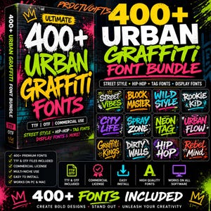 Può includere: Un pacchetto di prodotti digitali contenente oltre 400 font graffiti urbani. La confezione mostra il testo 400+ URBAN GRAFFITI FONT BUNDLE con vari esempi di stili di carattere come Street Vibes, Block Master e Wild Style in colori vivaci.