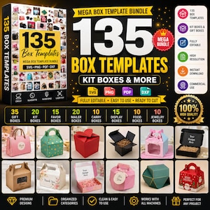Pode incluir: Um anúncio de produto digital para um pacote de 135 modelos de caixas em formatos SVG, PNG, PDF e DXF. O gráfico exibe vários estilos de caixas, incluindo caixas de presente, kits, caixas de lembrancinhas, de envio, transporte e joias.
