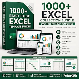 Peut inclure: Un ensemble de produits numériques comprenant une boîte verte étiquetée 1000+ Ready to Use Excel Template Bundle, avec un ordinateur portable, une tablette et un smartphone affichant des graphiques. Inclut des listes pour la finance et le business.