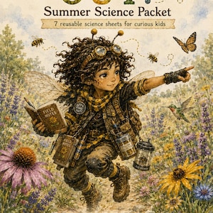 Peut inclure: Un paquet scientifique d'été intitulé LET'S FIND OUT! comprenant 7 fiches scientifiques réutilisables. L'illustration montre un personnage en tenue d'abeille avec des carnets de notes, un collecteur de pollen et un observateur d'insectes.