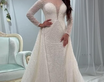 Robe de mariée scintillante avec surjupe amovible, Robe de mariée à manches longues, Robe de mariée sirène, Robe de mariée scintillante, Robe de mariée de luxe