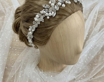 Diadema nupcial de perlas y cristales, tocado de boda, accesorio para el cabello de novia, diadema nupcial plateada, tiara de boda, adorno para el cabello de novia